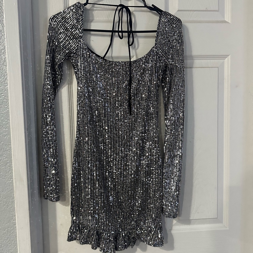 Silver Sequin Long Sleeve Dress